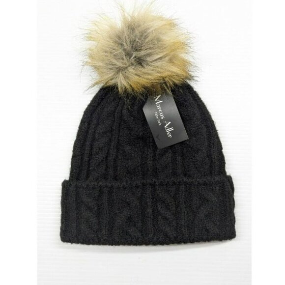 Marcus Adler Women's Black Cable Knit Faux Fur Pom Beanie O/S (MSRP $48) - Picture 1 of 4